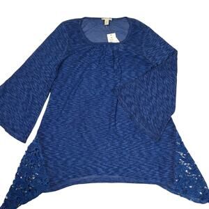 Cupio Blouse Lace Sharkbite Hem Bell Sleeve Blue Women's‎ XL Boho Top NEW